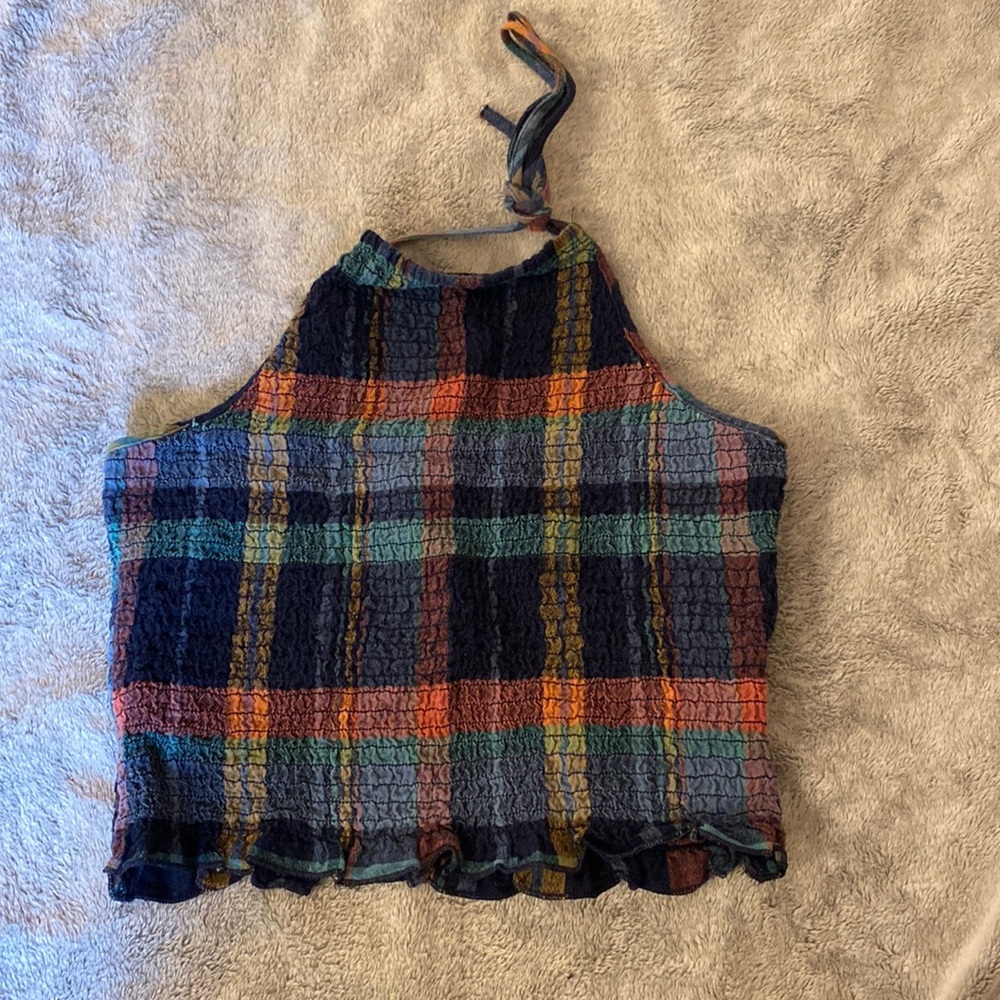 Ruched plaid halter top.